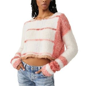 Free People fuzzy‎ Emerson Pullover Cropped Boho Style sweater size S champagne